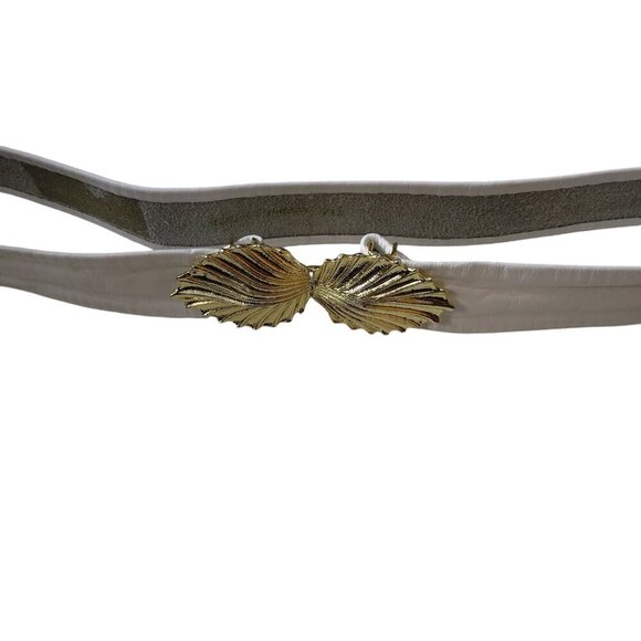 Women's Small White Leather Belt With Gold Tone Leaf Buckle Closure 1.25 In Wide - Picture 1 of 5
